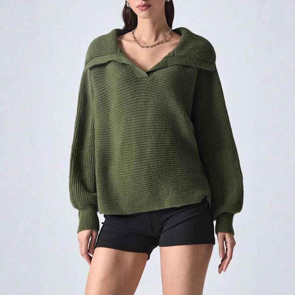 Elegant Polo Collar Solid Color Long Sleeve Knitted Pullover Sweater