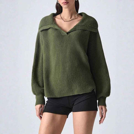 Elegant Polo Collar Solid Color Long Sleeve Knitted Pullover Sweater