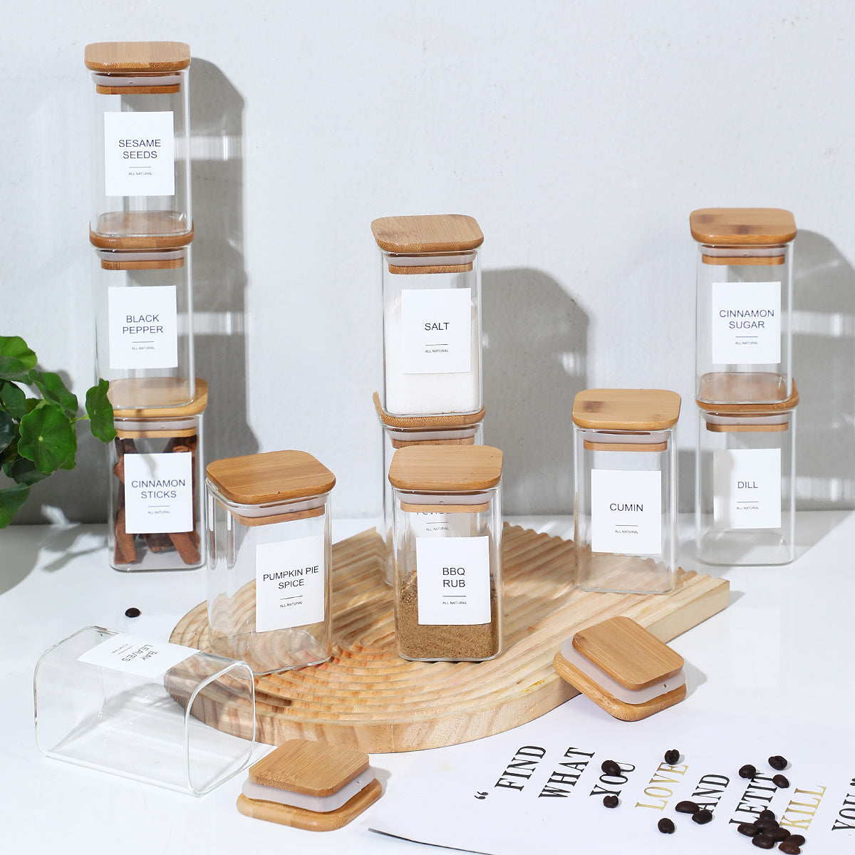 Square Spice Jars Set - 12 Piece with 72 Labels for Coffee, Tea & Kitchen Seasonings