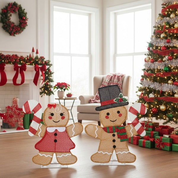 Set of 2 Lighted Gingerbread Man & Candy Cane - 80 LED Christmas Decorations