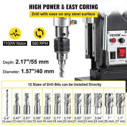 Magnetic Drill, 1100W 1.57' Boring Diameter, 2697lbf,12000N Portable Electric Mag Drill Press With 12 Drilling Bits, 580 RPM Max Speed Drilling Machine For Any Surface And Home Improvement