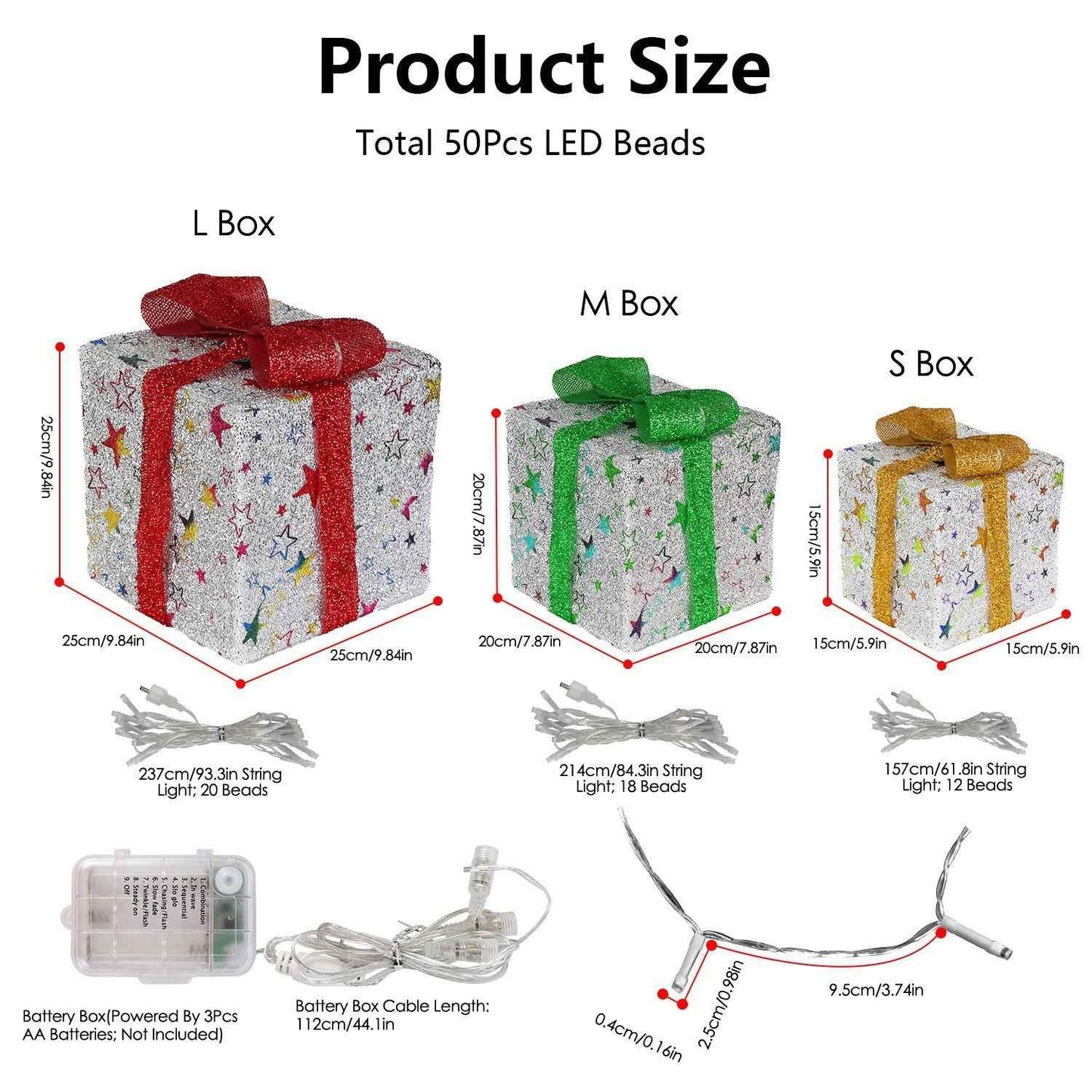 Set of 3 Christmas Lighted Gift Boxes - 50 LED Star/Deer Pattern IP44 Waterproof - DropOnline.co