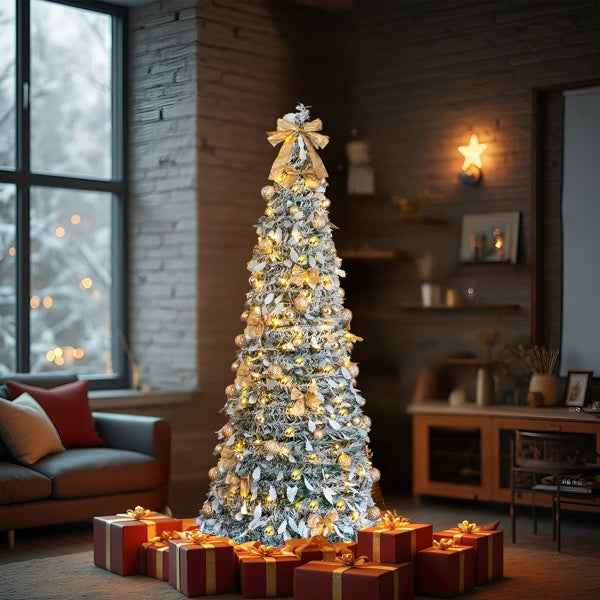 6 FT Snow Flocked Pre-lit Pop Up Christmas Tree with 100 Warm Lights & Ornaments