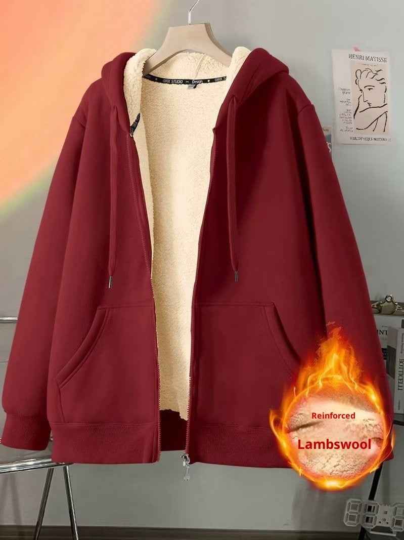 Women's Simple Solid Color Cold-proof Warm Berber Fleece Hooded Jacket