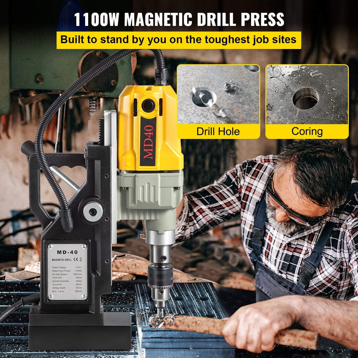 Magnetic Drill, 1100W 1.57' Boring Diameter, 2697lbf,12000N Portable Electric Mag Drill Press With 12 Drilling Bits, 580 RPM Max Speed Drilling Machine For Any Surface And Home Improvement