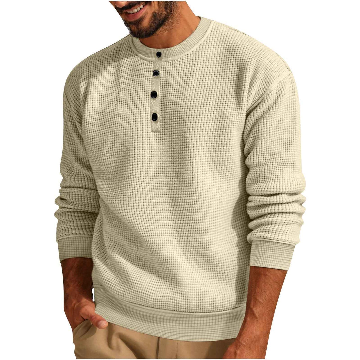 Solid Color Loose Casual Round Neck Long Sleeve Waffle Henley Shirt