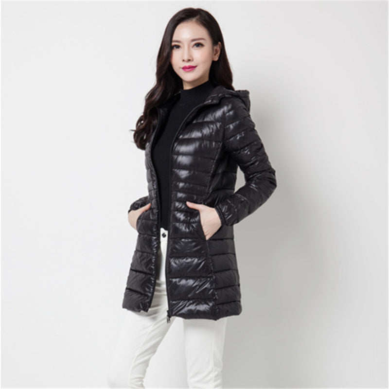 Slim-fitting hooded mid-length coat