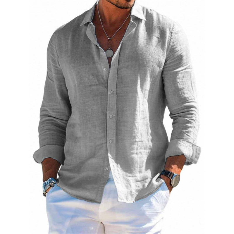 Men's Long Sleeve Casual Loose Lapel Button Shirt - Solid Color Plus Size Top