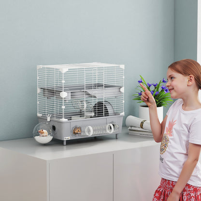 2-Tier Hamster Cage With Sand Bathroom, Running Wheel, Water Bottle, Tubes, Accessories, For Hamster, Gray - DropOnline.co