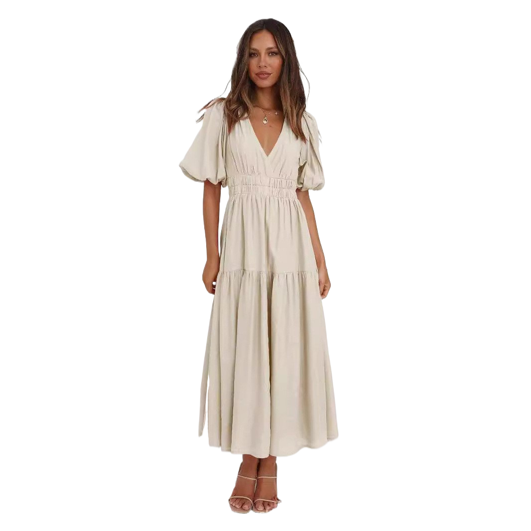 Deep V Puffed Sleeve Vacation Dress - Romantic Resort Style for Women