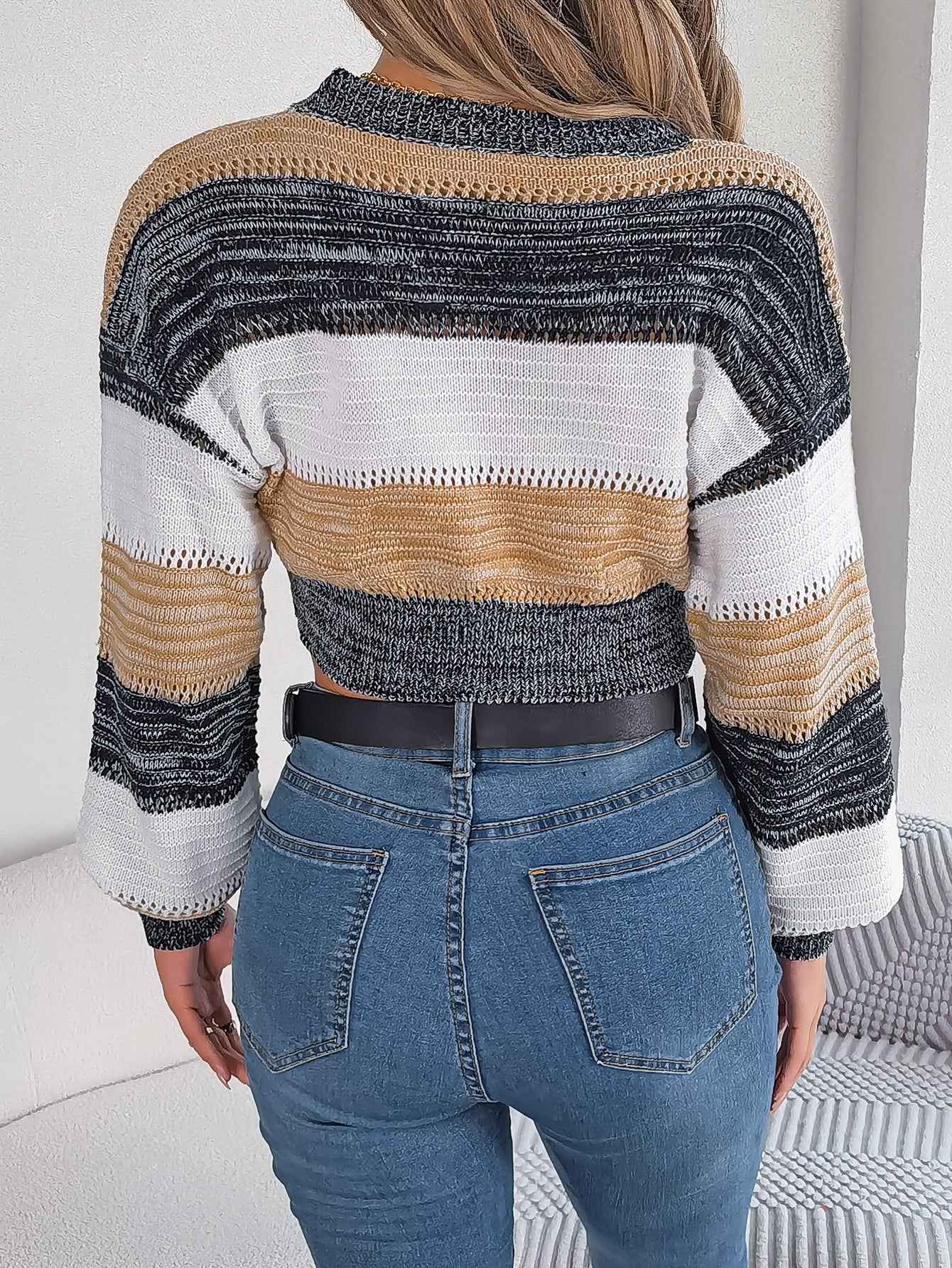 Women Casual Color Block Lantern Sleeve Cropped Pullover Sweater