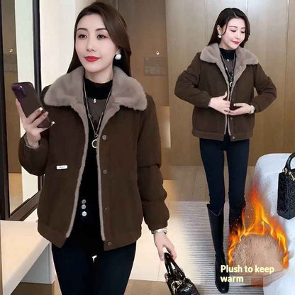 Corduroy Loose Fleece-lined Warm Jacket For Women