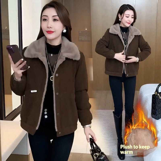 Corduroy Loose Fleece-lined Warm Jacket For Women