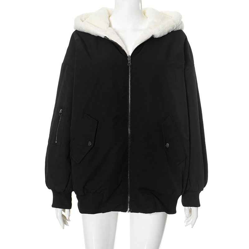 Double-sided Zipper Hooded Pocket Loose Thick Plush Coat