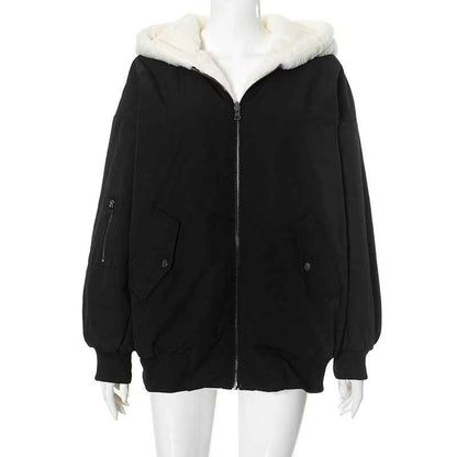 Double-sided Zipper Hooded Pocket Loose Thick Plush Coat