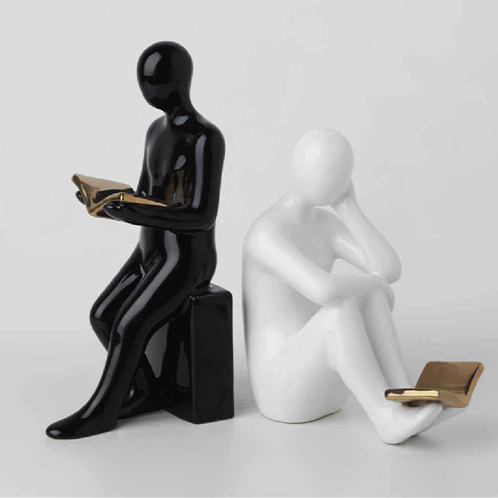 Premium White Porcelain Reading Figure Set - European Style Office Decoration