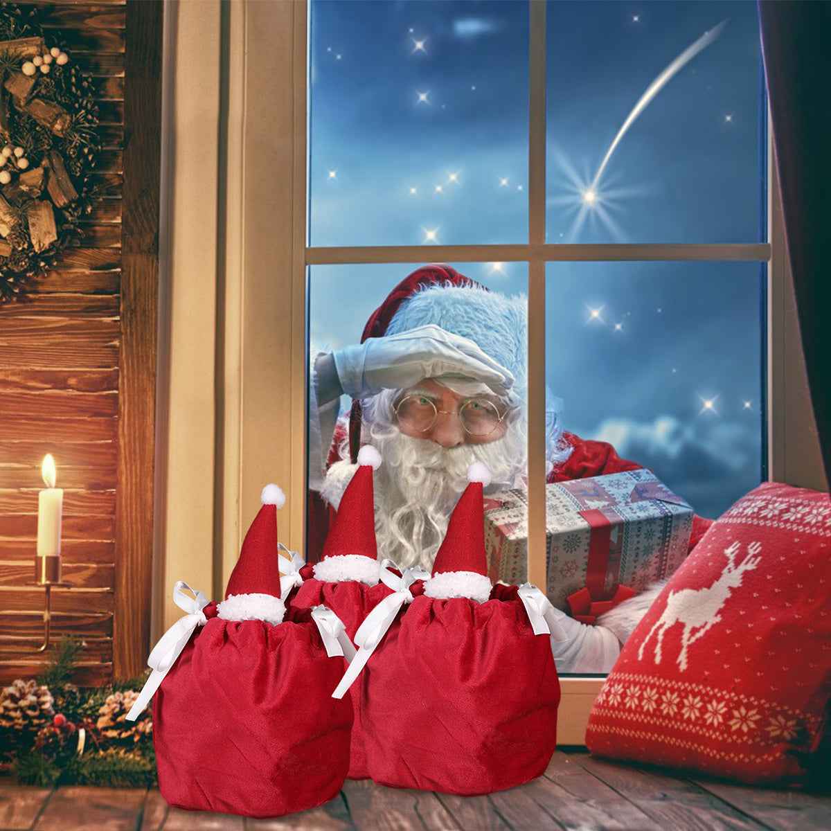 5 Packs Christmas Treat Bags with Drawstring - 3D Xmas Santa Hat Gift Bags - DropOnline.co