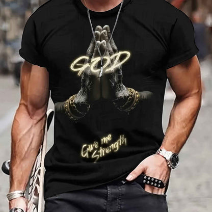 Men's 'God Gives Me Strength' 3D Print T-Shirt - Plus Size Casual Summer Tee