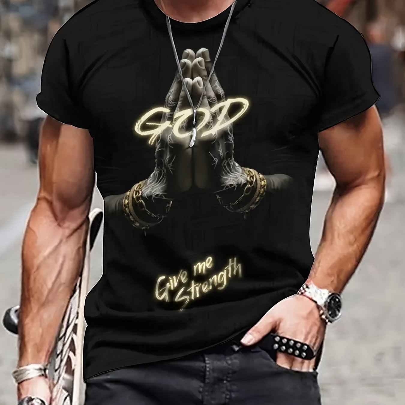 Men's 'God Gives Me Strength' 3D Print T-Shirt - Plus Size Casual Summer Tee