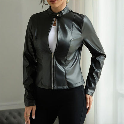 Women's Solid Color Long Sleeve Stand Collar Faux Leather Blazer - Single Button Zippered Jacket For Fall&Winter - DropOnline.co