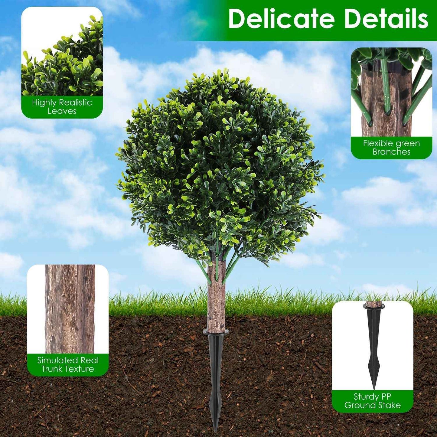 2 Packs Faux Boxwood Ball Trees - Artificial Topiary with Ground Spike