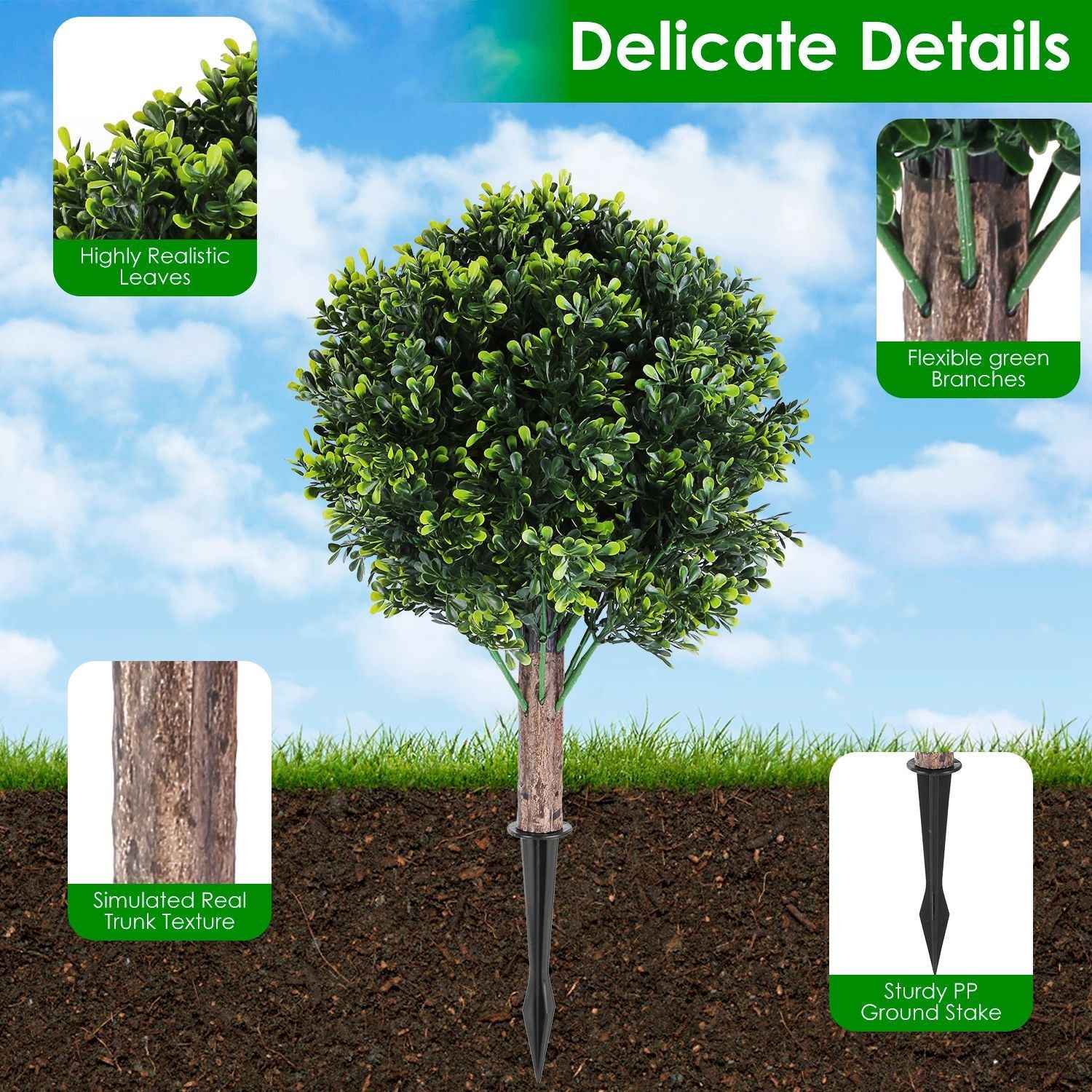 2 Packs Faux Boxwood Ball Trees - Artificial Topiary with Ground Spike