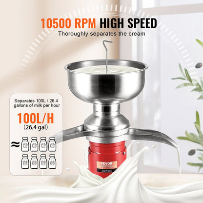 Milk Cream Centrifugal Separator, 304 Stainless Steel Electric Cream Separators, 100L/H Output 10500RPM Goat Milk Separator, 30W Cow Cream Separator, Milk Skimmer With 5L Bowl Capacity, 100-240V
