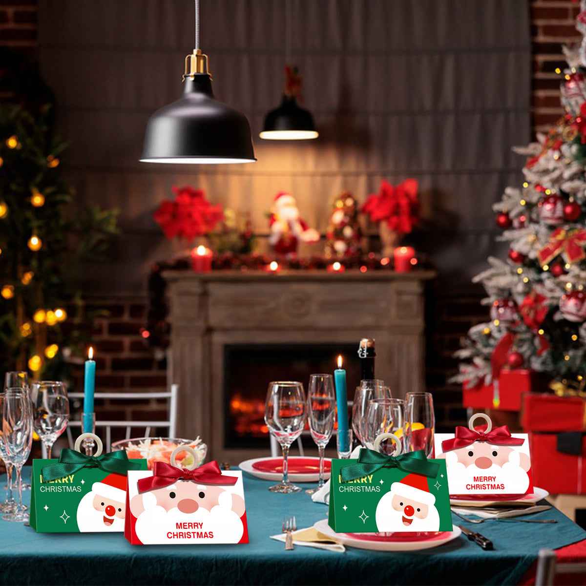 10 Pack Christmas Candy Boxes with Ribbon & Wooden Ring - Santa Pattern Treat Boxes - DropOnline.co