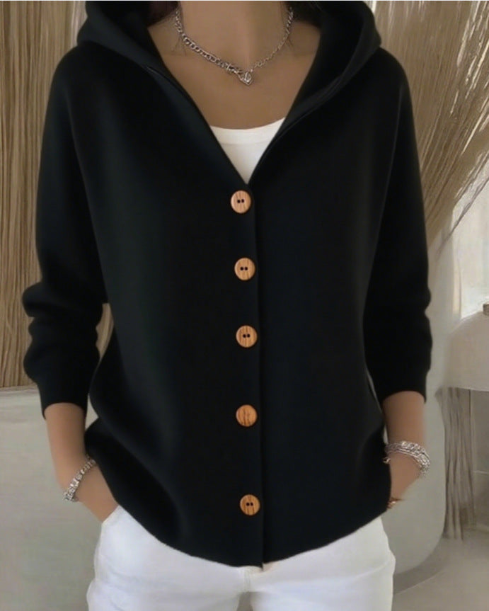 Buttoned Knitted Hooded Sweater - Cozy Women's Cardigan with Hood
