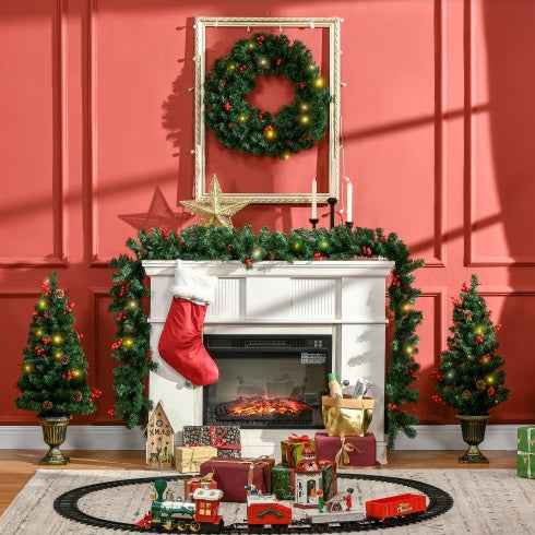 HOMCOM Prelit Holiday Christmas 4-Piece Set - Garland Wreath & 2 Entrance Trees - DropOnline.co