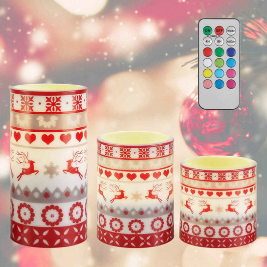 3Pack Christmas Flameless LED Candles - Deer Flickering Pillar with Remote Control - DropOnline.co
