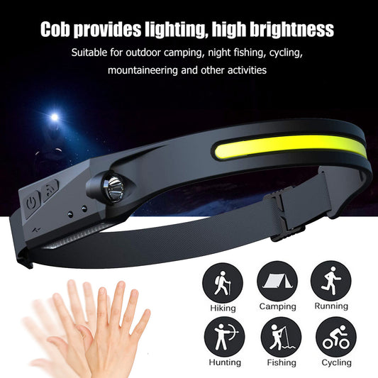 COB LED Rechargeable Headlamp - 350 Lumens Wave Sensor Waterproof Headlight for Camping & Outdoor