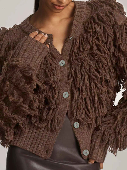 Women's Knit Cardigan Button Loop Fringe Sweater