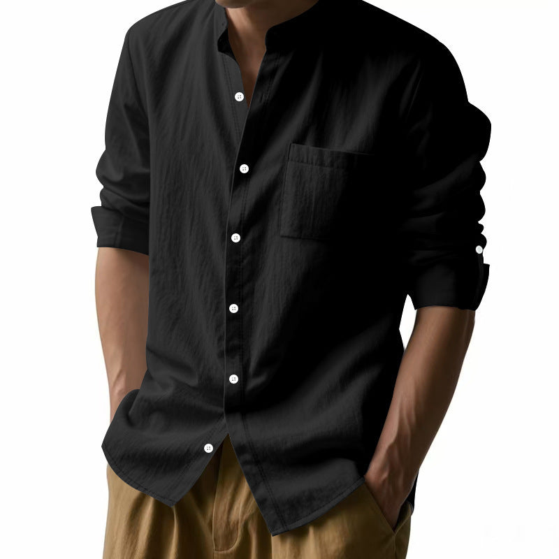 Men's Long Sleeve Stand Collar Shirt with Pockets - Casual Button-Up Top