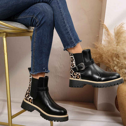 Plus-size Fashion Leopard Print Metal Buckle Mid-heel Ankle Casual Boots