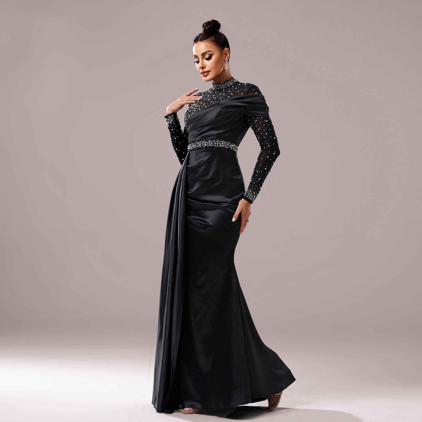 Long Sleeve Slim-fit Sheath Pearl Banquet Fishtail Evening Dress
