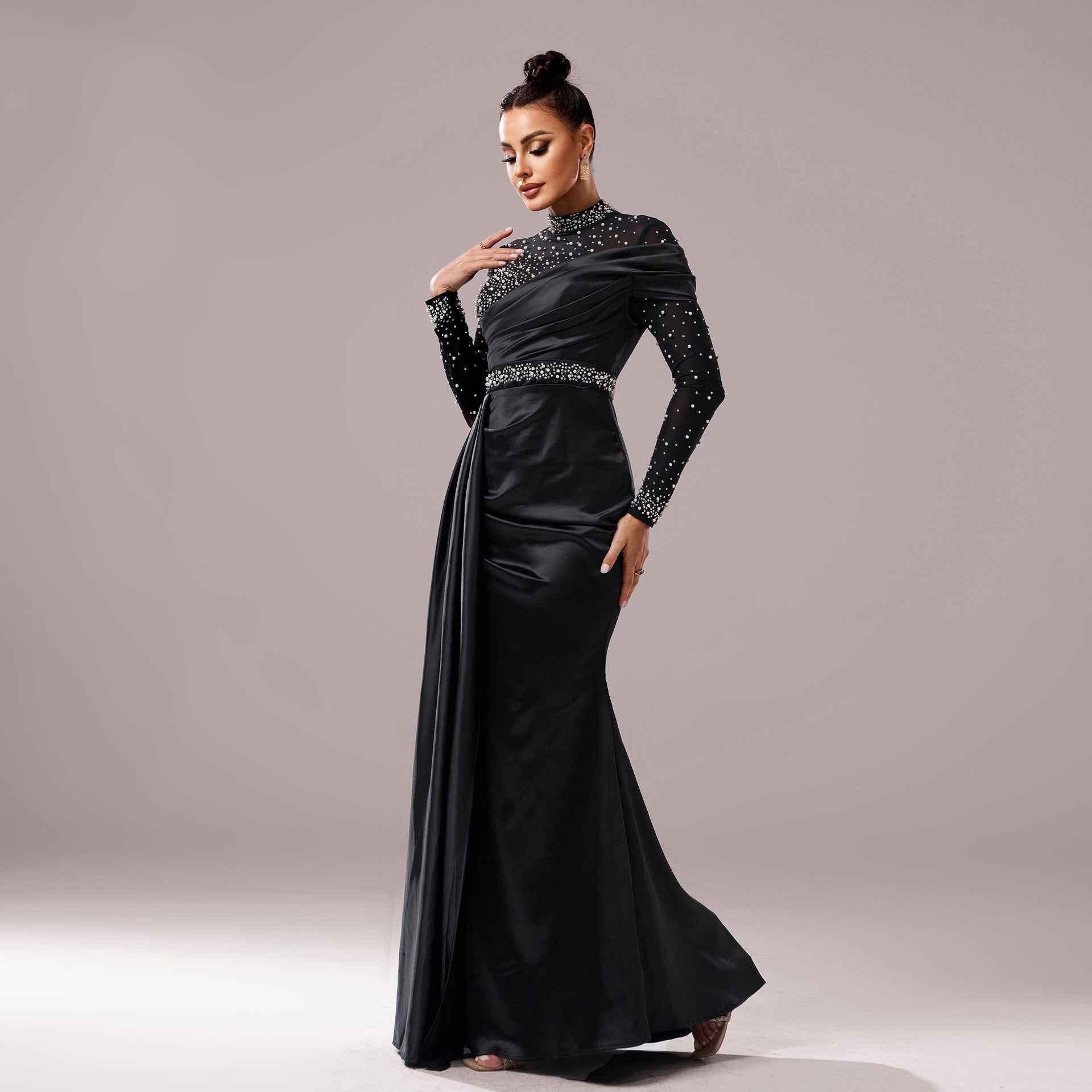 Long Sleeve Slim-fit Sheath Pearl Banquet Fishtail Evening Dress