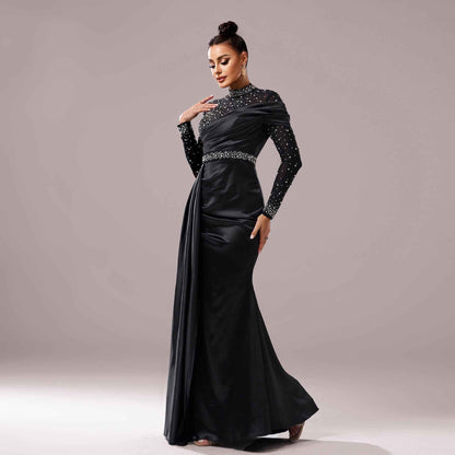 Long Sleeve Slim-fit Sheath Pearl Banquet Fishtail Evening Dress