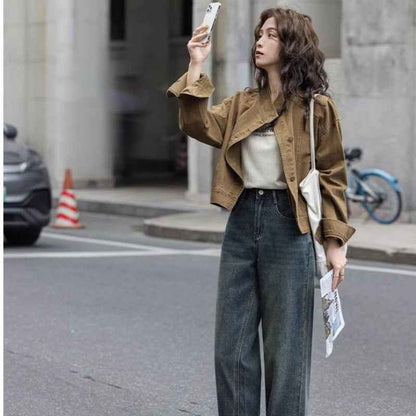 Korean Retro Workwear Stand-collar Jacket For Women
