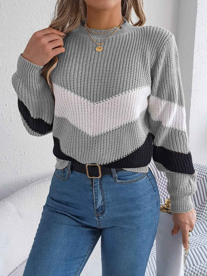 Women Casual Color Block Lantern Sleeve Pullover Sweater