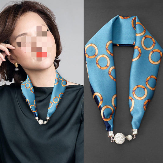 Magnetic Buckle Silk Scarf with Pearl Necklace - Women's Fashion Accessory