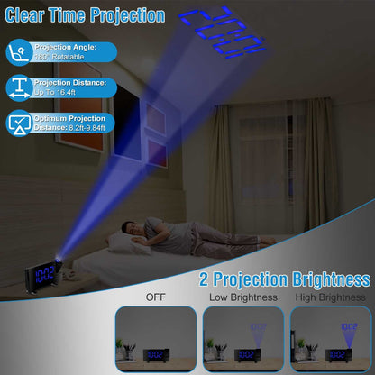 1Pc Projection Alarm Clock With Radio Function Curved Screen LED Digital Alarm Clock With Dual Alarms 4 Dimmer 12-24 Hour USB Charging Port 180Degree Rotatable Projection - DropOnline.co