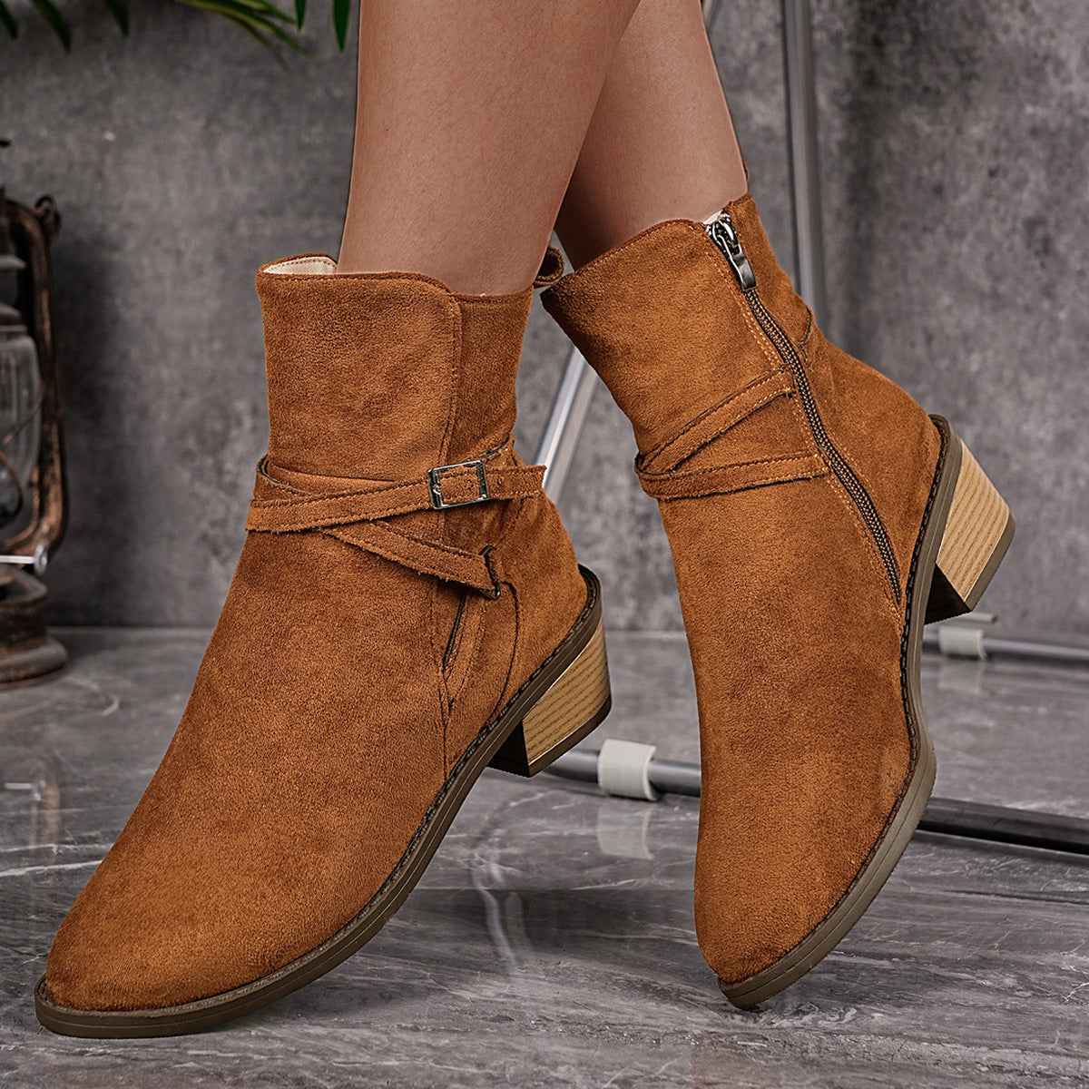 New Cross-strap Side Zipper Mid-heel Ankle Boots For Women