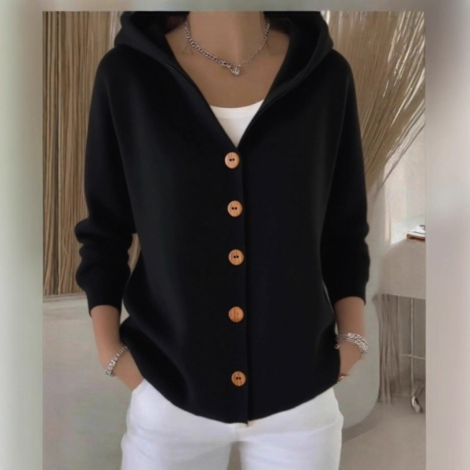 Buttoned Knitted Hooded Sweater - Cozy Women's Cardigan with Hood