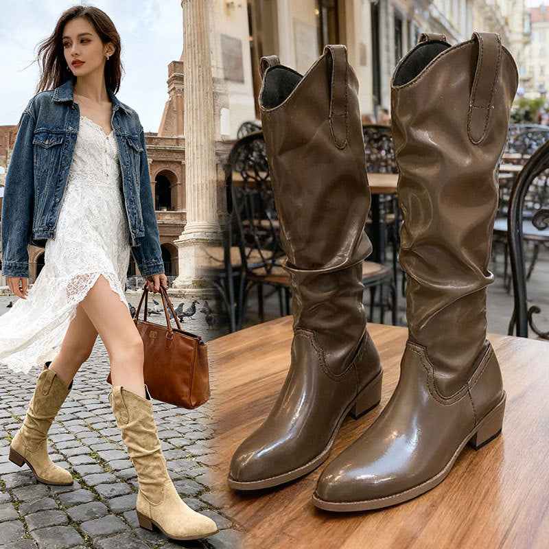 Fashionable Chunky Heel Suede High-top Riding Boots