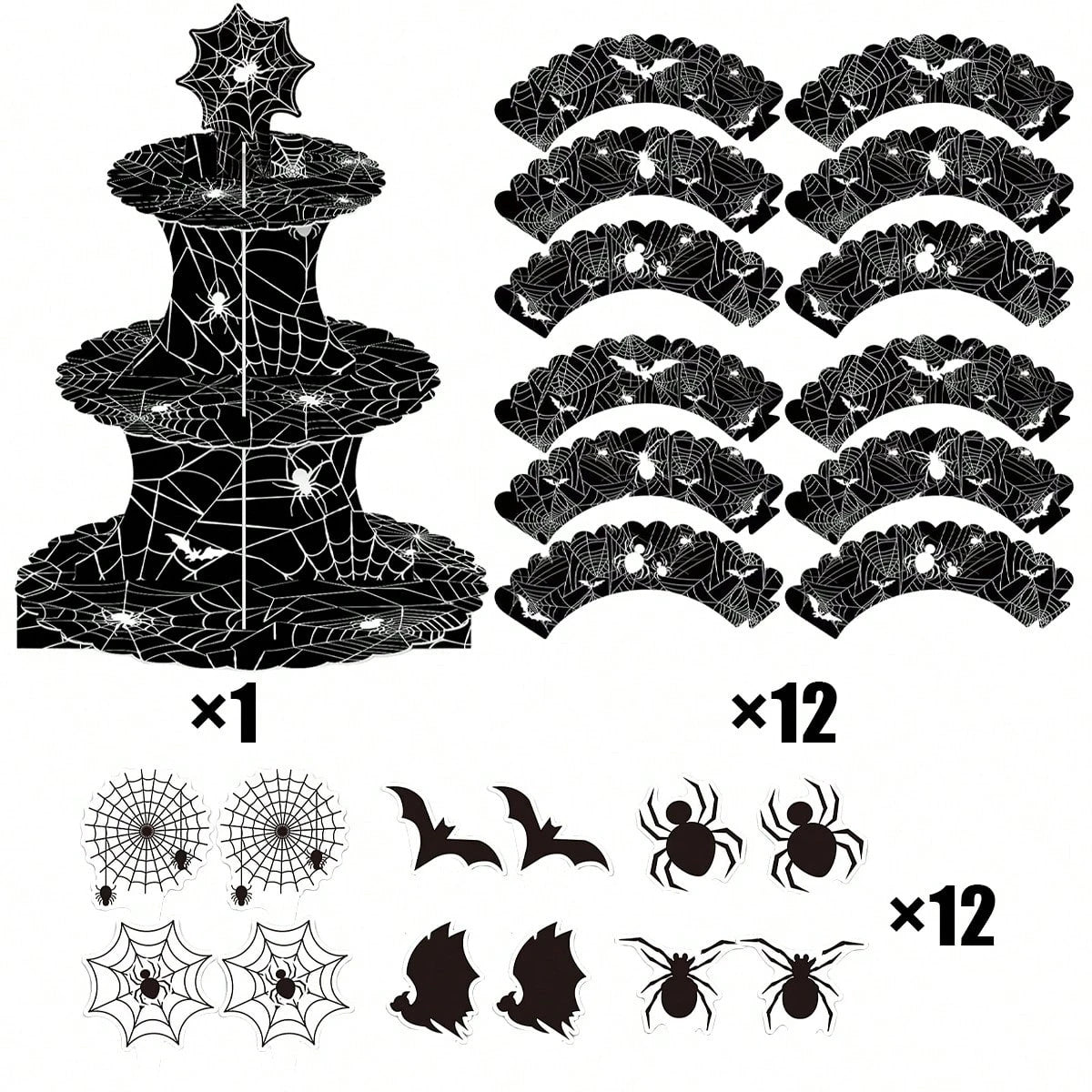 Halloween Three-Tier Cupcake Stand - Spider Web Design with Decorations