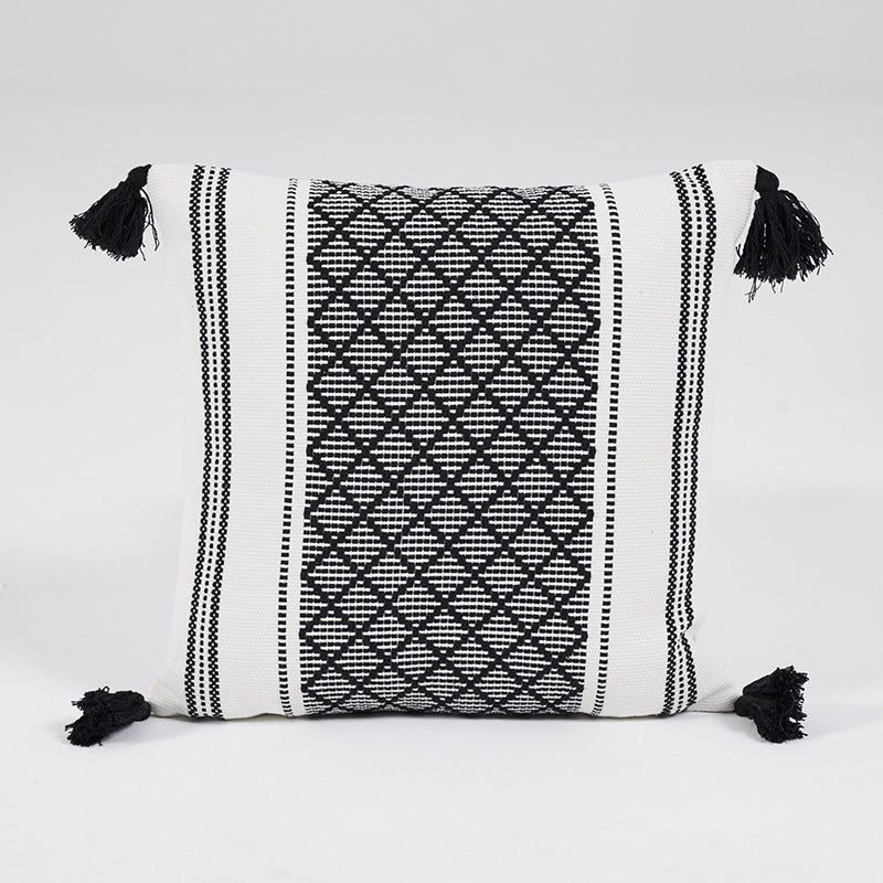Geometric Woven Jacquard Tassel Cushion Cover