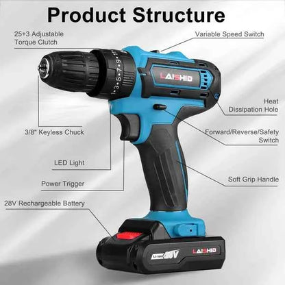 Cordless Drill Set With 2Pcs 21V Batteries And Charger 2 Variable Speeds 3/8In Keyless Chuck 265ln-lbs 25+3 Torque Positions Included 24Pcs Drill Bits For Home Car Repair Handmade