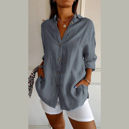 Women's Lapel Long Sleeve Shirt - Single-Breasted Pleated Button-Up - DropOnline.co