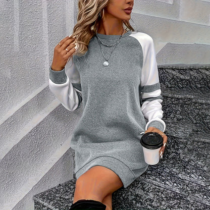 Women's Color Block Sweatshirt Dress Long Sleeve Crew Neck, Casual Short Pullover Tunic Dress - DropOnline.co